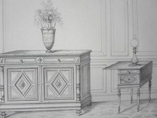 LOUIS XVI Commode Table nuit  Lit GRAVURE le MAGASIN de MEUBLES V. QUETIN XIXéme