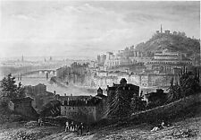 VIEUX LYON & COLLINE de FOURVIÈRE vus des PENTES de la CROIX ROUSSE -Gravure 19e