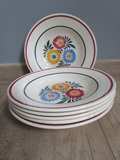 6 assiettes creuses HBCM CREIL & MONTEREAU Véritas  floral liserés rouge et noir