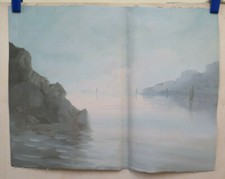 Ancien Tableau À L'huile Sur Toile Paysage Mer Marine Couleurs Douces BM53.4