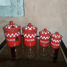 ancien série de 4 pots a épices en tole émaillé Damier Rouge