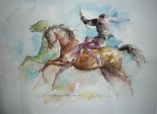 Blasco Aquarelle sur signée dédicacée artiste espagnol cheval voltige