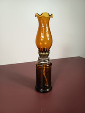 Ancienne Petite Lampe à Pétrole,Lampe à Huile, Lampe Pigeon en Verre Ambré