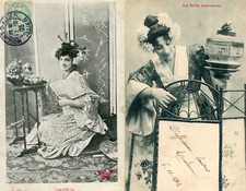 JAPON LOT de 2 cartes avec une belle japonaise Tenue vestimentaire Eventail