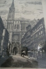 Tableau ancien cathedrale de Strasbourg gravure eau forte encadrée 41cm signée