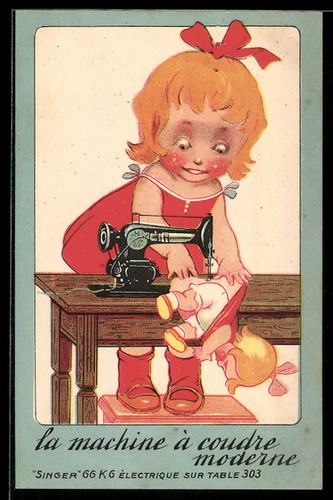 Carte postale fille - , cousant