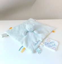 Doudou Plat Carré Nouky Ours Bio Vert Menthe Rayé Blanc Attache Tétine - Noukies