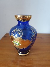 Superbe vase Italien vintage en verre bleu cobalt et dorures peint main 13x20 cm