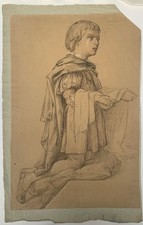 Dessin Ancien Fusain Etude Portrait Jeune Homme Prière Genoux XIXe
