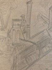 Beau Crayon Sur Papier 1944 Jeanne Kosnick Kloss Art Brut Fermé Paysan Tracteur