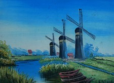 Tableau& Peinture Huile sur toile: Paysage, 3 Moulins à vent, Bateaux 30X40cm