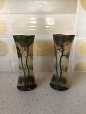 paire vase verre peint emaillé foret paysage lacustre legras
