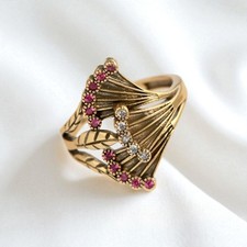 Bague Doré Antique Mat Réglable Art Nouveau Feuille Ginkgo CZ Rouge Blanc SB51