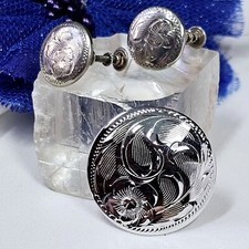 Demi-parure Vintage Argent Sterling Rhodié Gravé 60's BO À Vis & Broche 