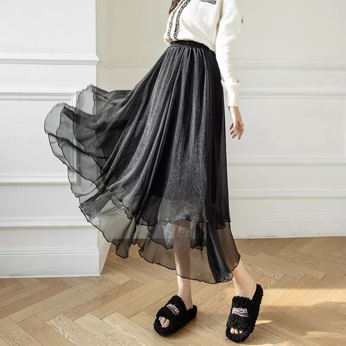 Jupe longue noire satin - noire, en
