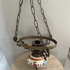 Ancienne Suspension lustre en Métal Doré Chaînes Et Faïence Émaillée Vintage