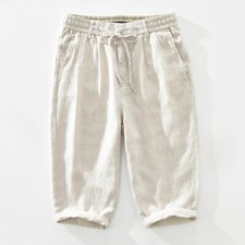 Hommes Lin Mélange 3/4 Pantalon Taille Élastique Souple Pêche Randonnée Camping