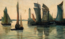 Tableau ancien huile paysage original, vue mer, bateaux signé XIXème