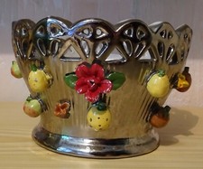 CORBEILLE POT CERAMIQUE FRUITS FLEURS VINTAGE DOREE A BORDURE DENTELLE