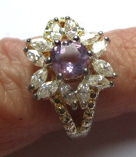Bague argentée améthyste navette cristal diamant ancien bijou vintage Taille 56