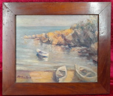 Tableau Ancien Huile Paysage Marin Bateaux Impressionniste XXème
