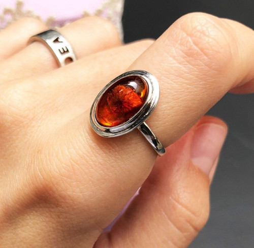 Large amber ring sterling