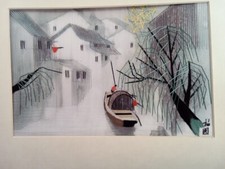 Tableau thème Asie rehaussé de fils de soie