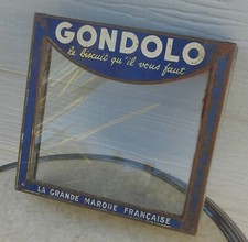 ANCIEN COUVERCLE BOITE EN FER AVEC VITRE PUBLICITAIRE GONDOLO BISCUITS EPICERIE