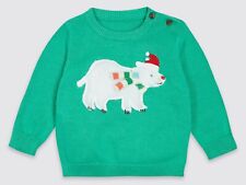 Haut pull vert M&S bébé garçon ours polaire moelleux NOËL 0-3/3-6 mois neuf avec étiquette