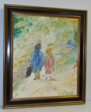 *PEINTURE couteau HUILE SUR TOILE HST signée Philadelphé 1992 Silhouette enfants