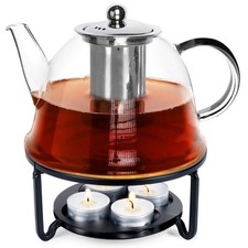 Théière en verre 1,65L avec filtre et réchaud passoire à thé élégante