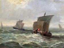 Ancien tableau Marine Ciel  Normandie bateau  Voiliers en  Mer signé  19e