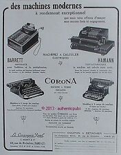 PUBLICITE CORONA MACHINE A ECRIRE ET CALCULER BARRETT HAMANN DE 1929 FRENCH AD