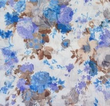 Tissu coton polyester froissé imprimé fleurs bleu et marron 145 x 50 cm