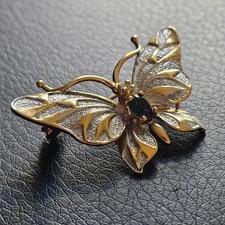 Broche papillon pierres bleues & blanche ailes argentée & dorée vintage