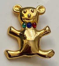 BROCHE / PENDENTIF vintage PETIT OURS avec COLLIER strass rouge bleu vert 3,4cm