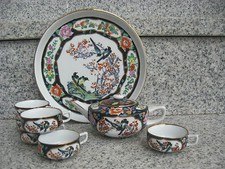 MINI SERVICE THE SUR PLATEAU Porcelaine Chinoise Décor OISEAUX Bord Noir 