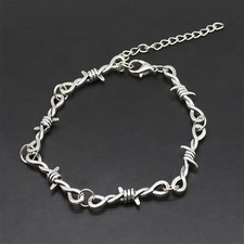 Homme Barbelé Fil Lien Bracelet En 14K or Blanc Sur Neuf Libère Réglable