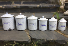 SÉRIE 6 POTS À ÉPICES ANCIENS TÔLE ÉMAILLÉE MOUCHETÉE EN RELIEF BLEU ET BLANC