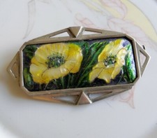 Grosse broche art déco émaux  limoges monture argent massif émail signé Bétourné