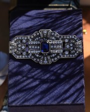 Broche Argenté Art Deco Rectangle Strass Bleu Vintage Style QD11