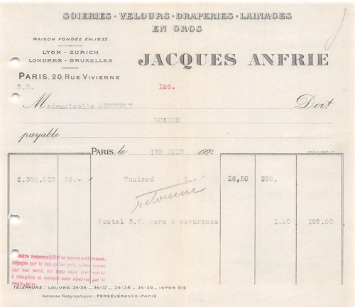 Facture 1922 soieries - ,