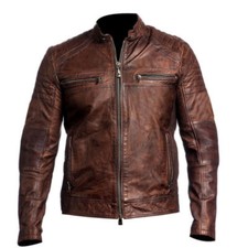 Blouson de motard en cuir de mouton véritable marron vieilli pour homme neuf