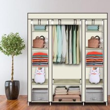 Armoire Toile 3 Portes, Grande Penderie avec Tringle de Penderie 3 couleurs