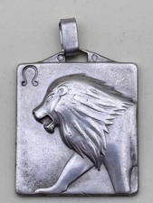 Ancien Et Imposant Pendentif Argent Massif Signe Zodiaque Lion #A18