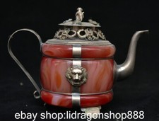 5.8 "Chine antique bronze agate dynastie tête de bête poignée pot théière statue