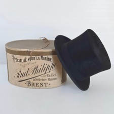 CHAPEAU HAUT DE FORME ANCIEN FIN XIX PAUL PHILIPPE BREST SATIN TAUPE SOIE 55CM