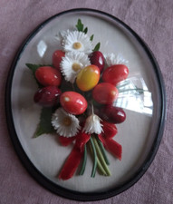 ancien cadre ovale verre bombé fleurs en tissu vintage fleur chapeau déco