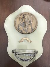 Antique Holy Water Font Green Jadite Onyx Virgin Mary Brass Marble Wall French