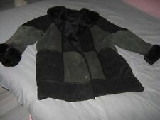 Manteau Veste longue CHAUD Noir Femme 44 L VINTAGE En suédine et FAUSSE FOURRURE
